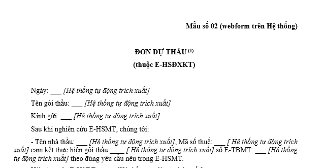 Mẫu Đơn dự thầu thuộc E-HSĐXKT trong hồ sơ mời thầu xây lắp qua mạng một giai đoạn hai túi hồ sơ mới nhất?