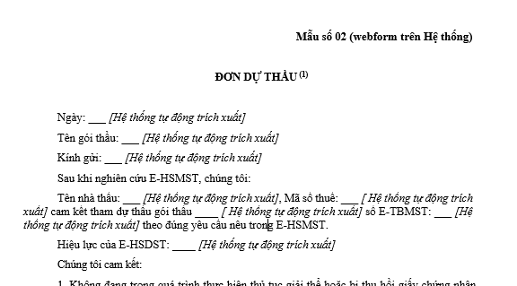 Mẫu Đơn dự thầu trong hồ sơ mời sơ tuyển xây lắp qua mạng mới nhất là mẫu nào? Tải mẫu về ở đâu?