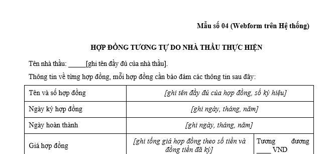 Mẫu Hợp đồng tương tự trong hồ sơ mời sơ tuyển xây lắp qua mạng mới nhất là mẫu nào? Tải về ở đâu?