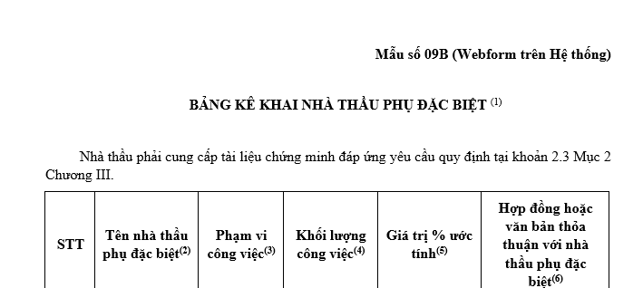 Mẫu Bảng kê khai nhà thầu phụ đặc biệt trong hồ sơ mời thầu xây lắp qua mạng một giai đoạn hai túi hồ sơ?