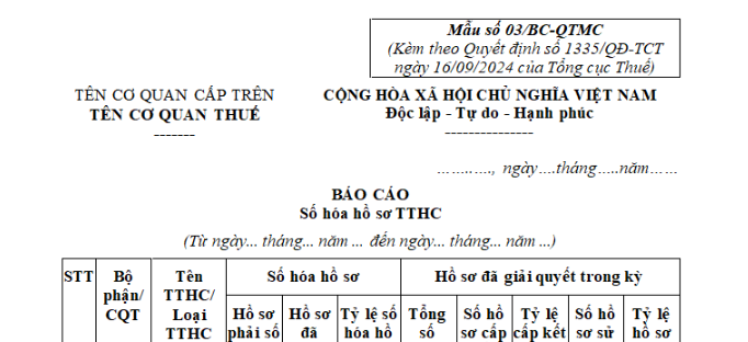 Mẫu Báo cáo số hóa hồ sơ thủ tục hành chính theo cơ chế một cửa, một cửa liên thông tại cơ quan thuế?