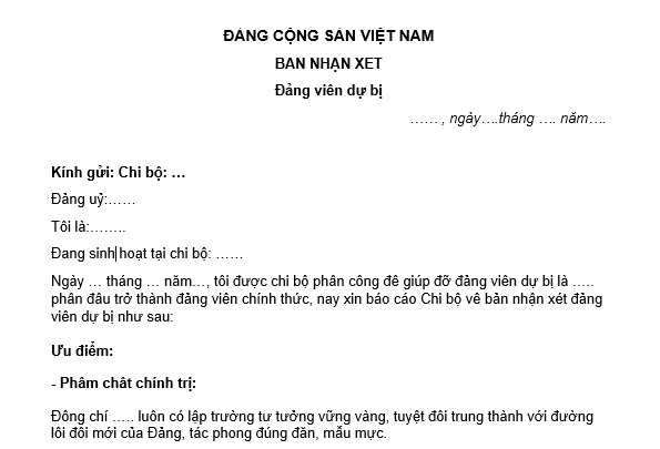 Mẫu nhận xét đảng viên dự bị của người giúp đỡ mới nhất? Hướng dẫn cách viết nhận xét đảng viên dự bị của người giúp đỡ?