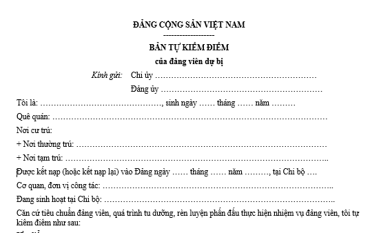 Mẫu bản tự kiểm điểm của đảng viên dự bị chuyển đảng chính thức mới nhất? Hướng dẫn cách viết?