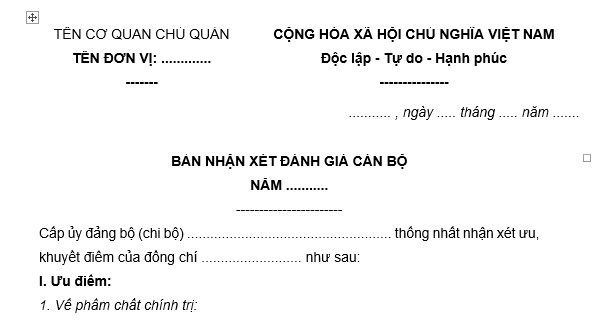 Mãu bản nhận xét đánh giá cán bộ của cấp ủy mới nhất? Hướng dẫn viết bản nhận xét đánh giá cán bộ của cấp ủy chi tiết?