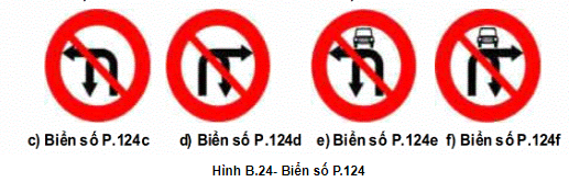 Biển số P.124c "Cấm rẽ trái và quay đầu xe”, biển số P.124d "Cấm rẽ phải và quay đầu xe”, biển số P.124e "Cấm ô tô rẽ trái và quay đầu xe” và biển số P.124f "Cấm ô tô rẽ phải và quay đầu xe”