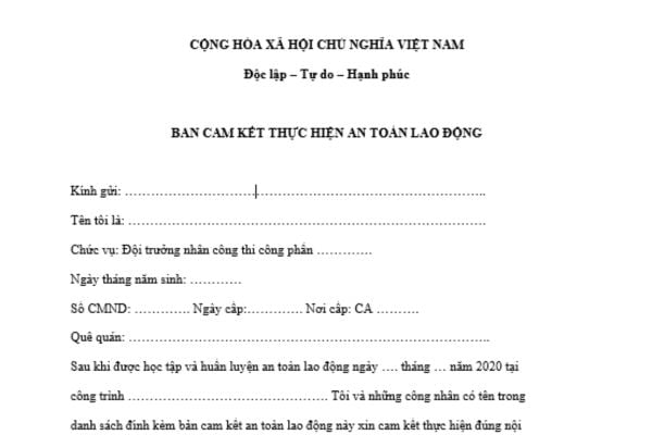 mẫu bản cam kết thực hiện an toàn lao động trong thi công xây dựng công trình