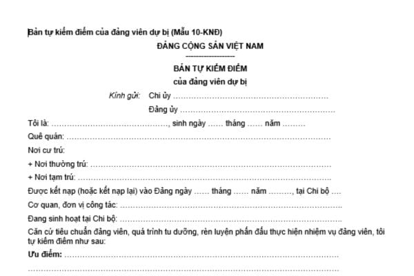 Mẫu bản tự kiểm điểm cuối năm dành cho đảng viên dự bị