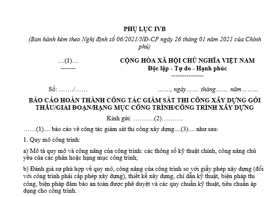 Mẫu báo cáo hoàn thành công tác giám sát thi công xây dựng hạng mục công trình