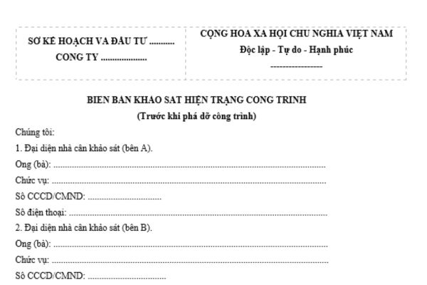 Mẫu biên bản khảo sát hiện trạng công trình trước khi phá dỡ công trình