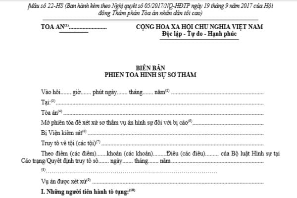 mẫu biên bản phiên tòa hình sự sơ thẩm