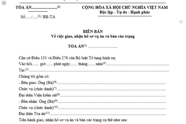 Mẫu biên bản về việc giao, nhận hồ sơ vụ án và bản cáo trạng