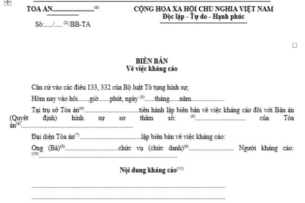 Mẫu biên bản về việc kháng cáo vụ án hình sự