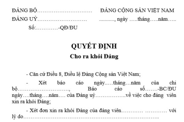 Quyết định cho đảng viên ra khỏi Đảng của cấp ủy có thẩm quyền