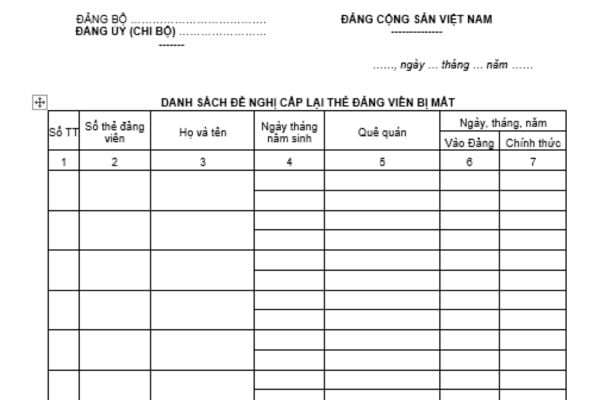 Mẫu danh sách đề nghị cấp lại thẻ đảng viên bị mất của cấp ủy cơ sở và chi bộ