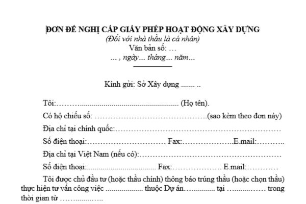 Mẫu đơn đề nghị cấp giấy phép hoạt động xây dựng đối với nhà thầu là cá nhân nước ngoài