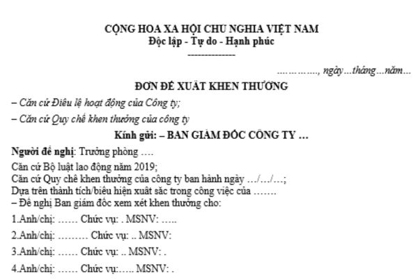 Đơn đề xuất khen thưởng