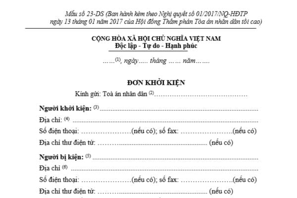 mẫu đơn khởi kiện đòi tài sản