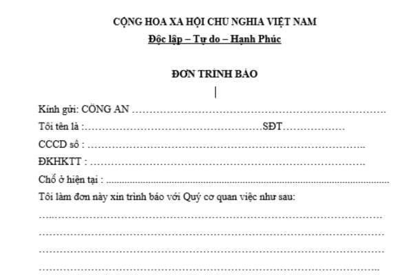 Mẫu đơn trình báo công an