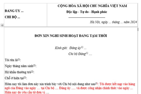 Đơn xin nghỉ sinh hoạt Đảng tạm thời