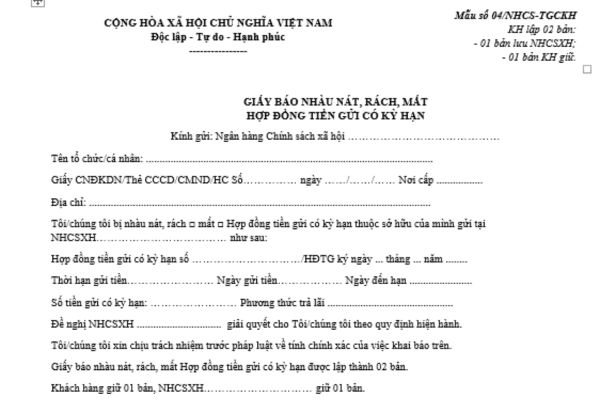 Mẫu giấy báo nhàu nát, rách, mất hợp đồng tiền gửi có kỳ hạn tại Ngân hàng Chính sách xã hội