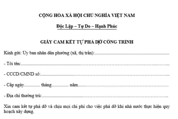 Giấy cam kết tự phá dỡ công trình