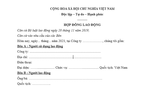 mẫu hợp đồng lao động 12 tháng