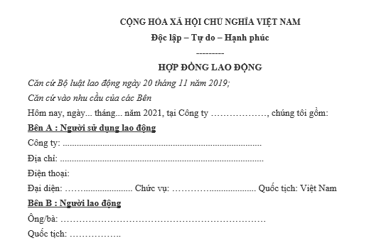 Mẫu hợp đồng lao động dưới 12 tháng