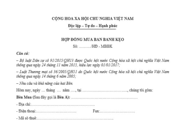 Mẫu hợp đồng mua bán bánh kẹo Tết