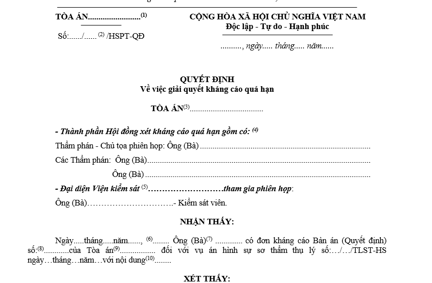 Mẫu quyết định về việc giải quyết kháng cáo quá hạn trong tố tụng hình sự