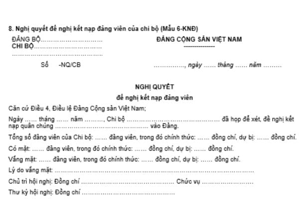 Mẫu nghị quyết đề nghị kết nạp đảng viên của chi bộ