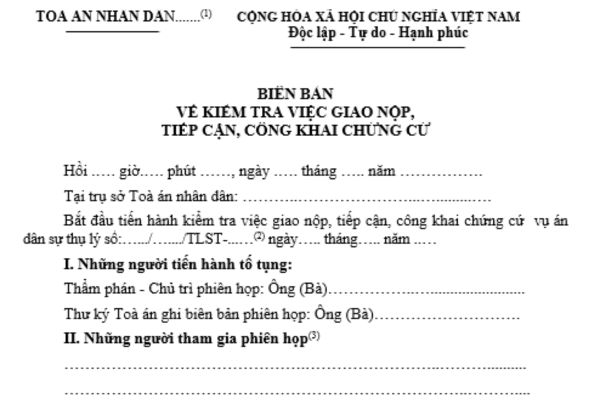 Mẫu biên bản về kiểm tra việc giao nộp, tiếp cận, công khai chứng cứ