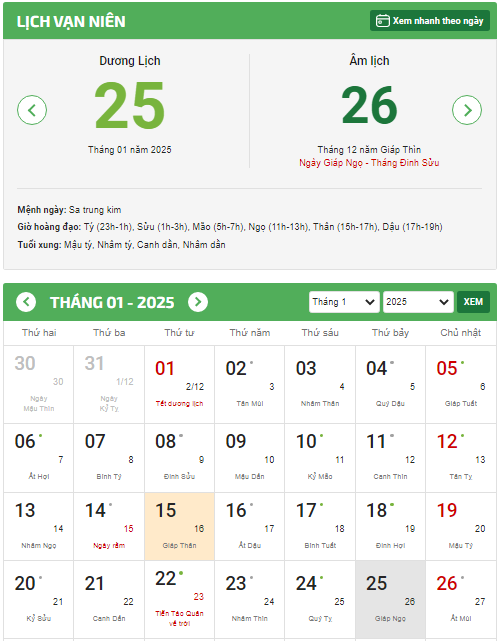 Lịch ngày 26 tháng Chạp 2024