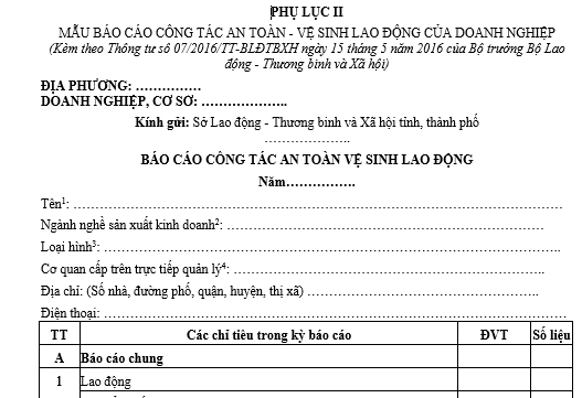 mẫu báo cáo công tác an toàn vệ sinh lao động dành cho doanh nghiệp 