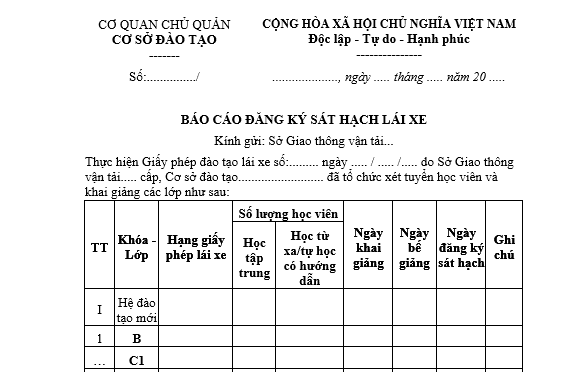 Mẫu báo cáo đăng ký sát hạch lái xe