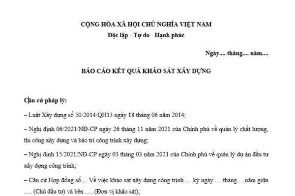 mẫu báo cáo kết quả khảo sát hiện trạng công trình