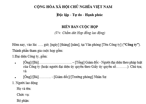 mẫu biên bản cuộc họp về việc chấm dứt hợp đồng lao động