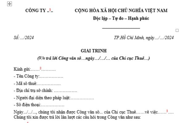 mẫu Công văn giải trình Thuế