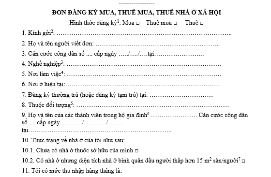 Mẫu đơn đăng ký mua nhà ở xã hội