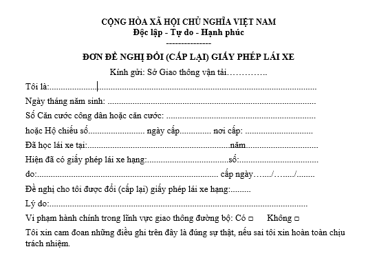 Mẫu đơn đề nghị đổi giấy phép lái xe