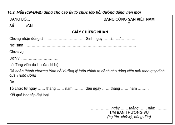 Mẫu giấy chứng nhận học lớp bồi dưỡng đảng viên mới (Mẫu CN-ĐVM dùng cho cấp ủy tổ chức lớp bồi dưỡng đảng viên mới)