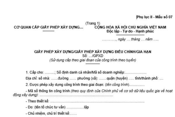 mẫu giấy phép xây dựng cấp theo giai đoạn của công trình