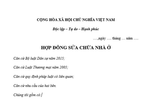 Mẫu hợp đồng sửa chữa nhà ở