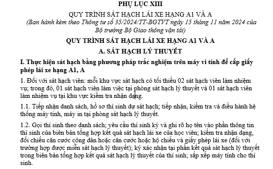 Mẫu quy trình sát hạch lái xe hạng A1 và A