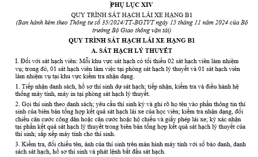 Mẫu quy trình sát hạch lái xe hạng B1