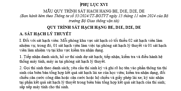 Mẫu quy trình sát hạch lái xe hạng BE, D1E, D2E, DE