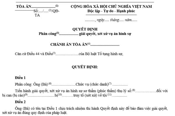 Mẫu quyết định phân công Thẩm phán giải quyết, xét xử vụ án hình sự