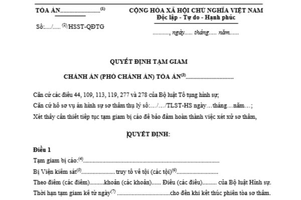 mẫu quyết định tạm giam cho đến khi kết thúc phiên tòa sơ thẩm đối với bị cáo đang bị tạm giam