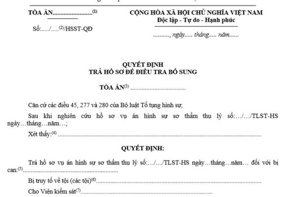 Mẫu quyết định trả hồ sơ để điều tra bổ sung dùng cho Thẩm phán được phân công chủ tọa phiên tòa vụ án hình sự