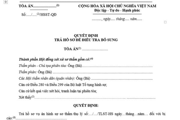 Mẫu quyết định trả hồ sơ để điều tra bổ sung dùng cho Hội đồng xét xử trong tố tụng hình sự