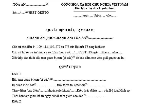 Mẫu quyết định bắt, tạm giam bị can, bị cáo đang được tại ngoại áp dụng trong giai đoạn chuẩn bị xét xử sơ thẩm